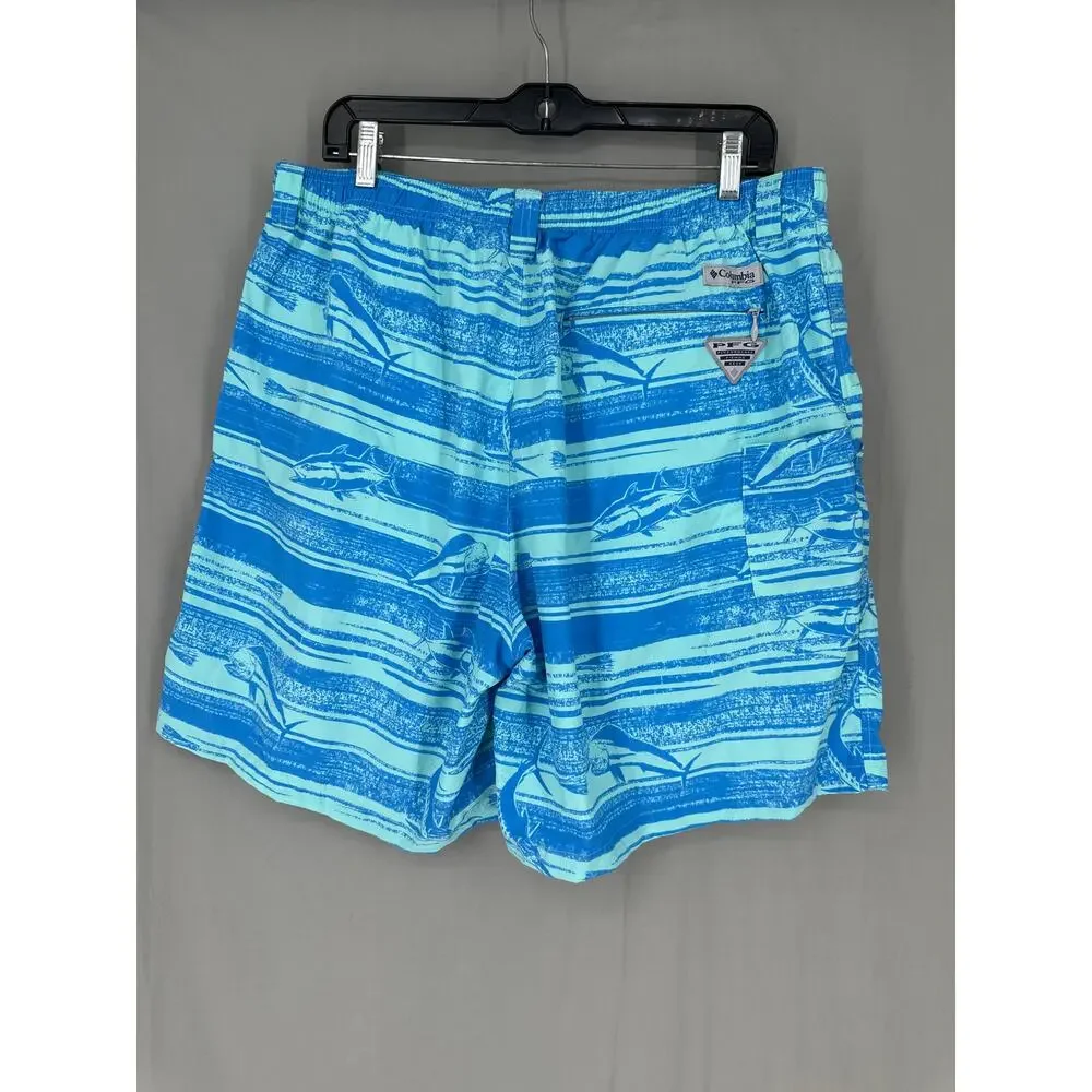 Columbia PFG Swim Trunks Men XL Blue Fish Print Omni Shade Mesh Lined Drawstring